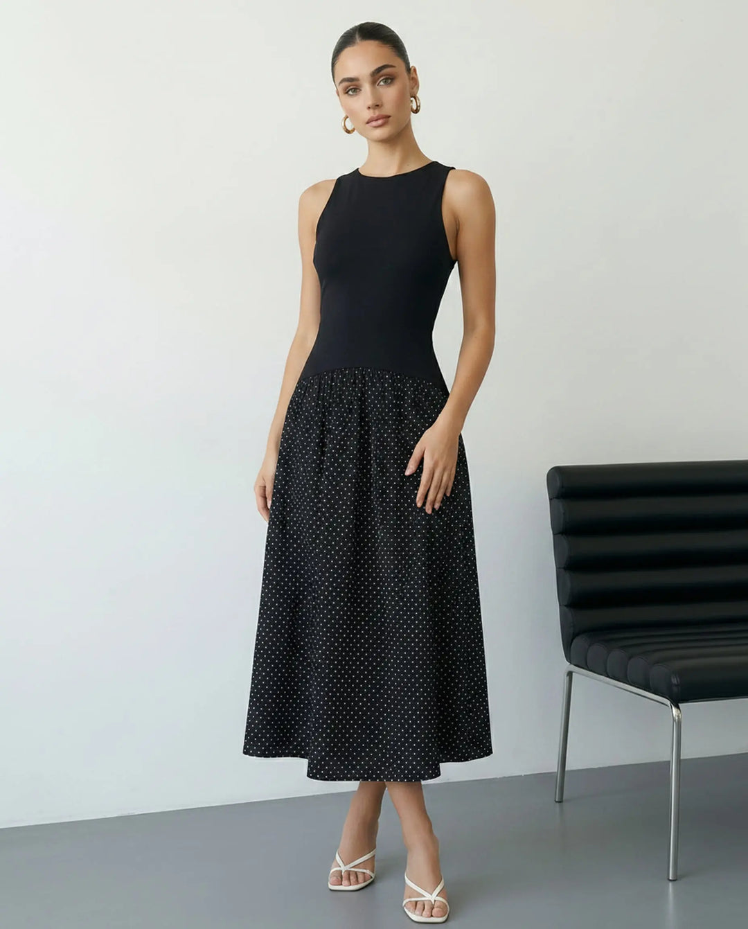 SOLACE  Black Polka Dot Sleeveless Knit Top and Skirt Midi Dress 