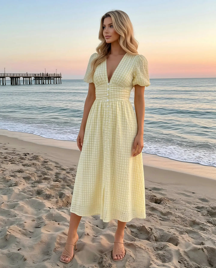 SOLACE  Yellow Gingham Print Puff Sleeve V-Neck Midi Dress 
