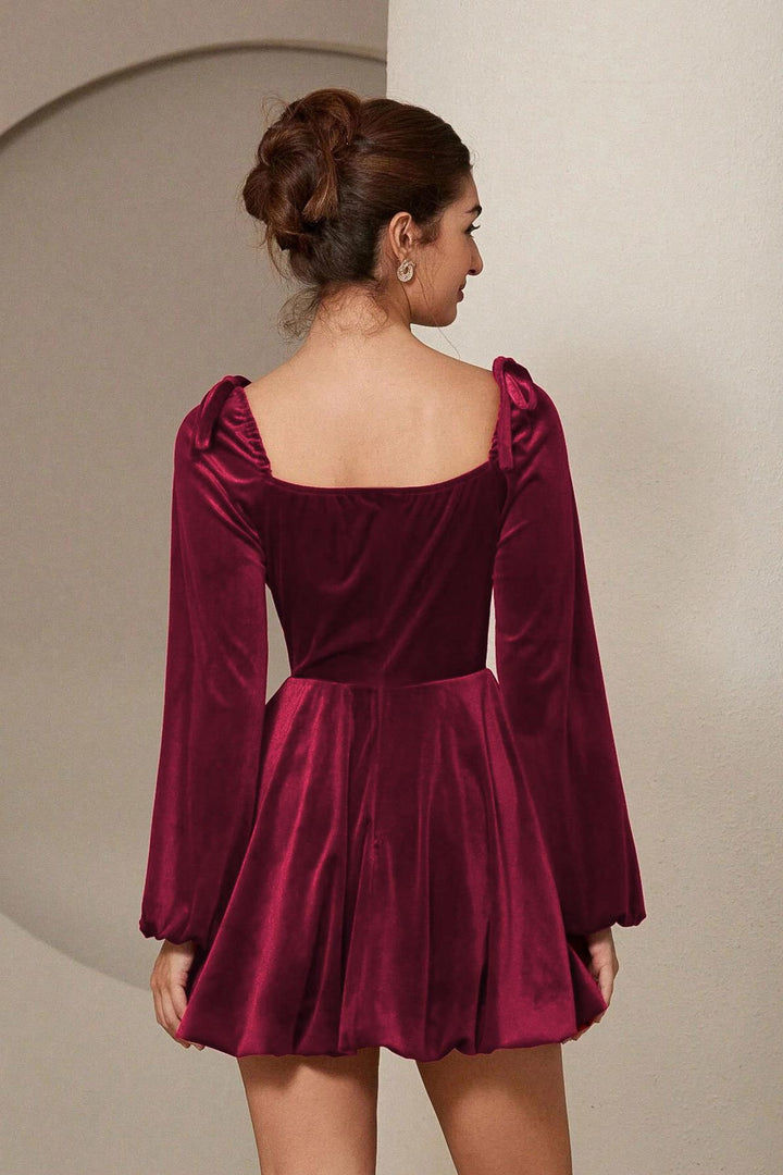Elegant A-Line Velvet Puff Sleeve Bow Shoulder Dress
