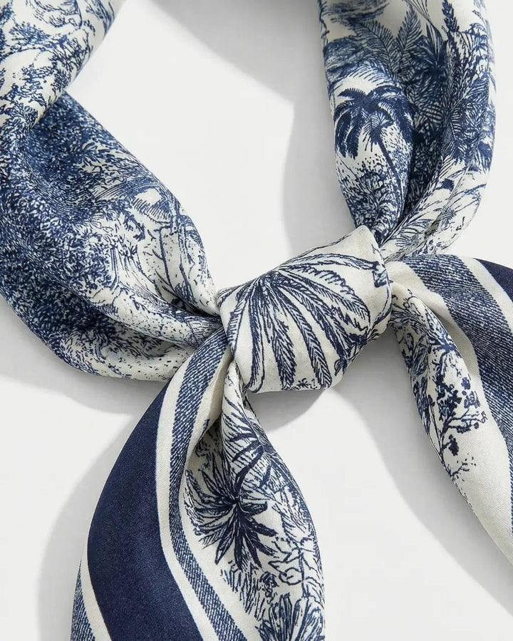 SOLACE  Navy Blue Toile De Jouy Landscape Print Square Scarf 