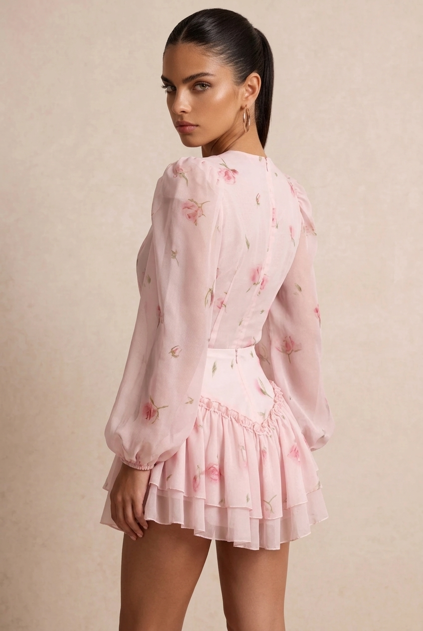 Women Chiffon Floral Print Mini Dress