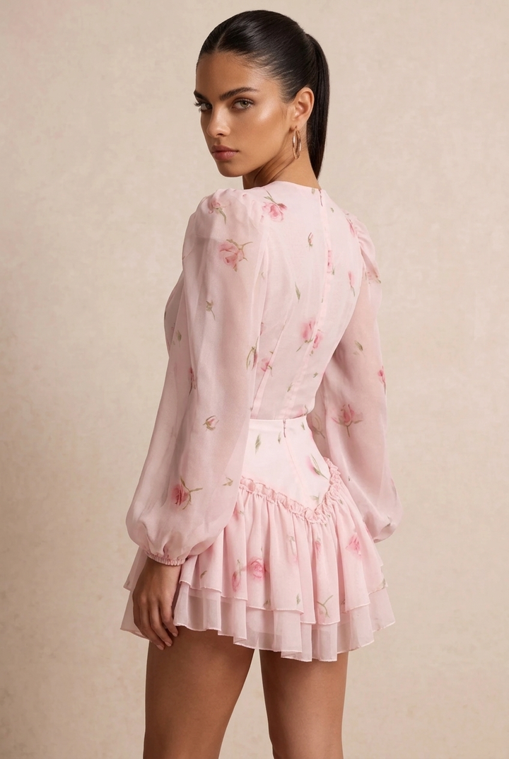 Women Chiffon Floral Print Mini Dress