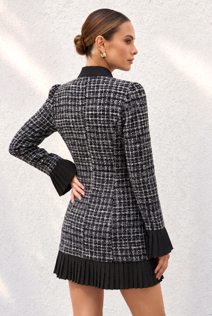 Elegant Checkered Bow Collar A-Line Mini Dress