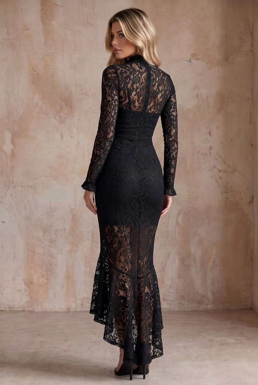 Black High Neck Lace Midi Mermaid Dress