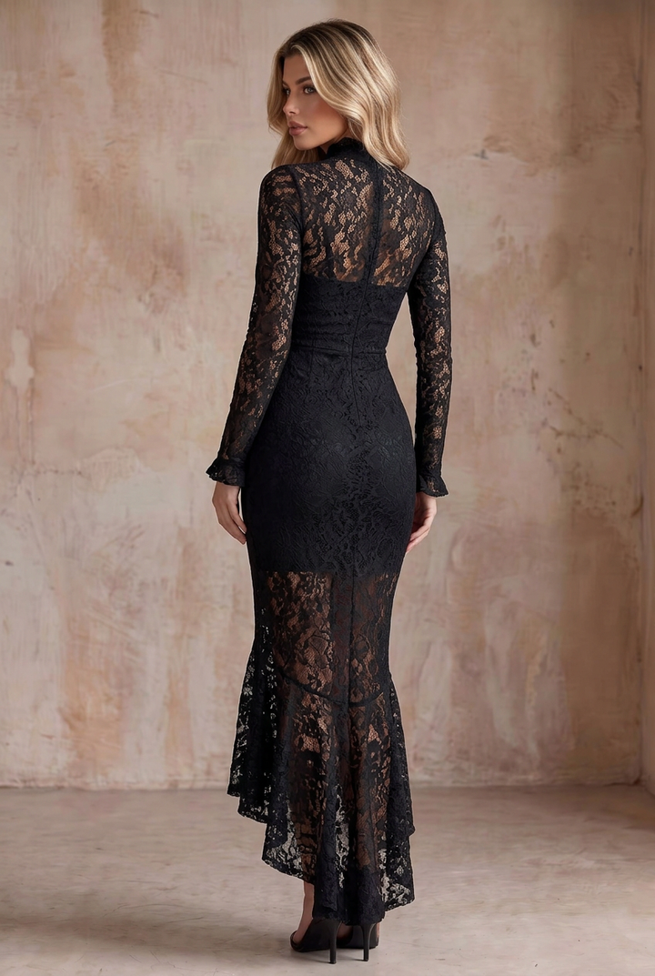 Black High Neck Lace Midi Mermaid Dress