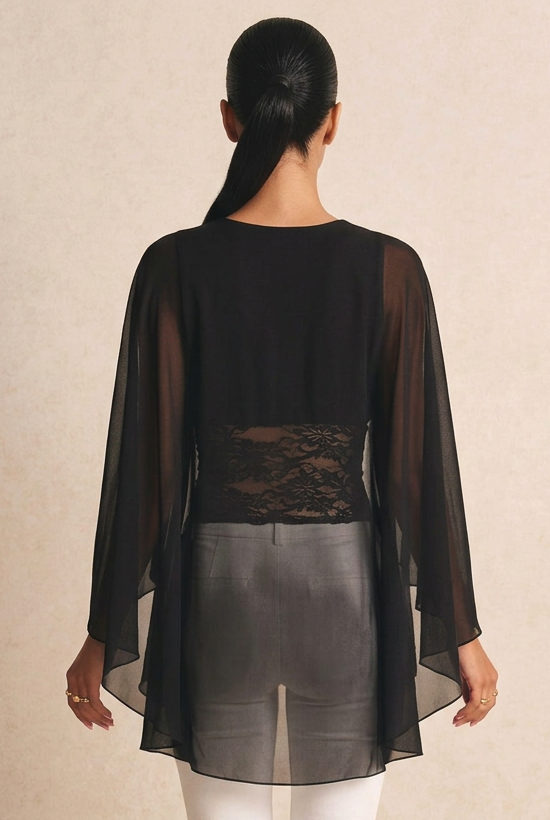 Black Chiffon Cape Sleeve Lace Panel Blouse