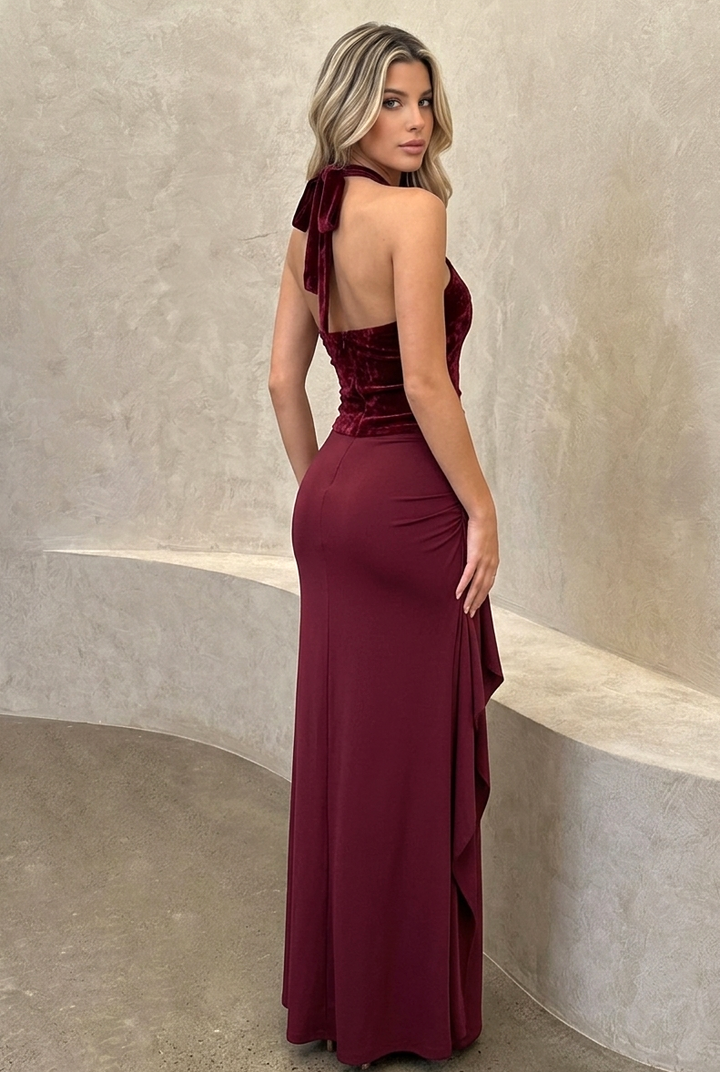 Velvet Halter Sleeveless Ruched Slit Maxi Dress