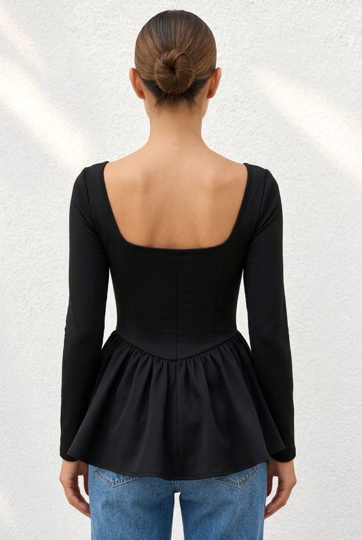 Square Neck Long Sleeve Peplum Slim Top