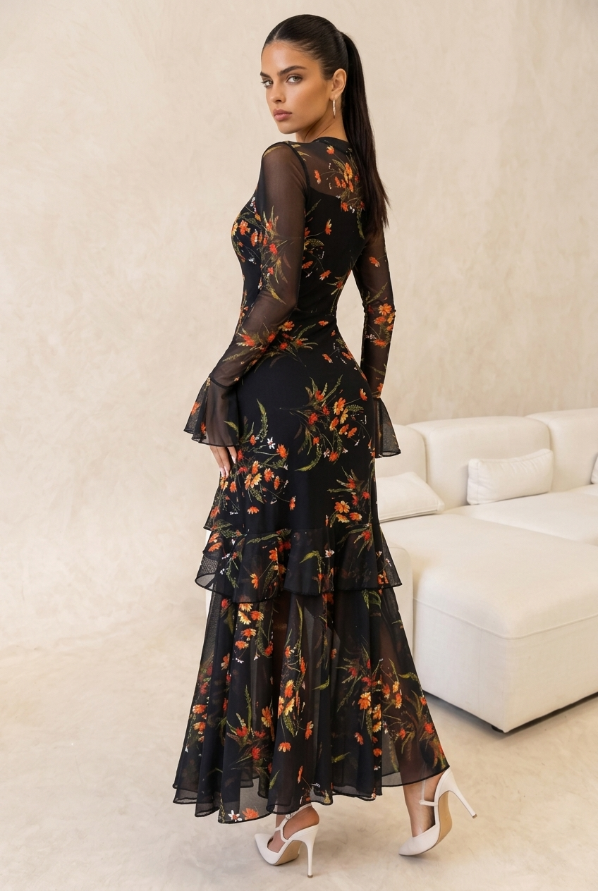 Floral Print Mesh Long Sleeve Maxi Dress