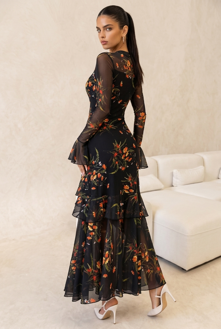 Floral Print Mesh Long Sleeve Maxi Dress