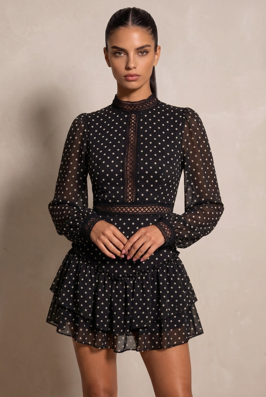 SOLACE CHICBlack Cutout Long Sleeve Ruffle Mini Dress