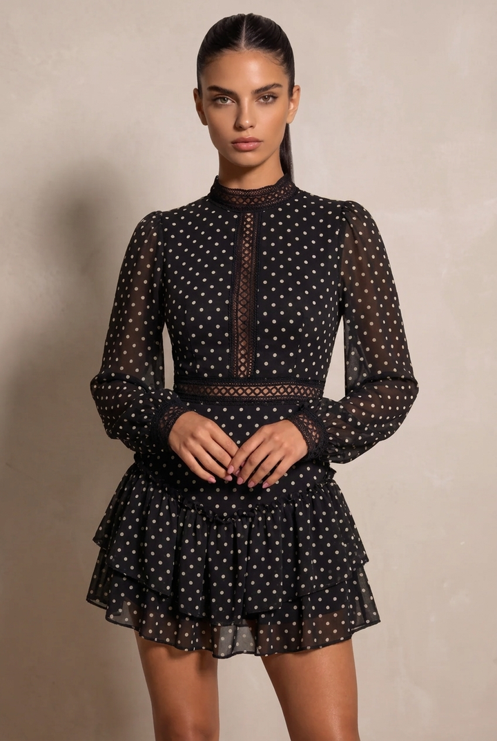 SOLACE CHICBlack Cutout Long Sleeve Ruffle Mini Dress