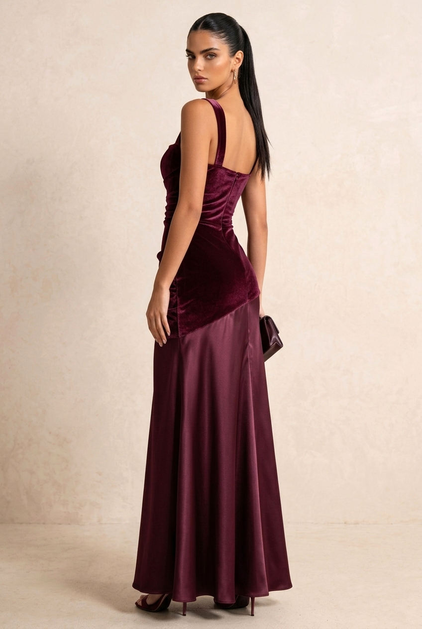 Burgundy Velvet Satin Mix Maxi Evening Dress