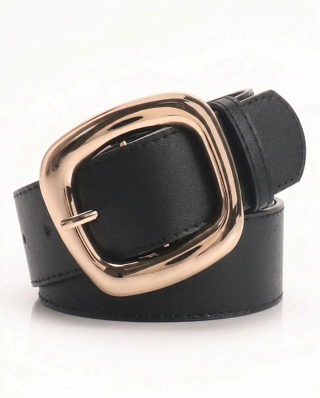 SOLACE  Black PU Leather Rose Gold Square Buckle Classic Belt 