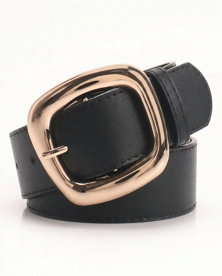 SOLACE  Black PU Leather Rose Gold Square Buckle Classic Belt 