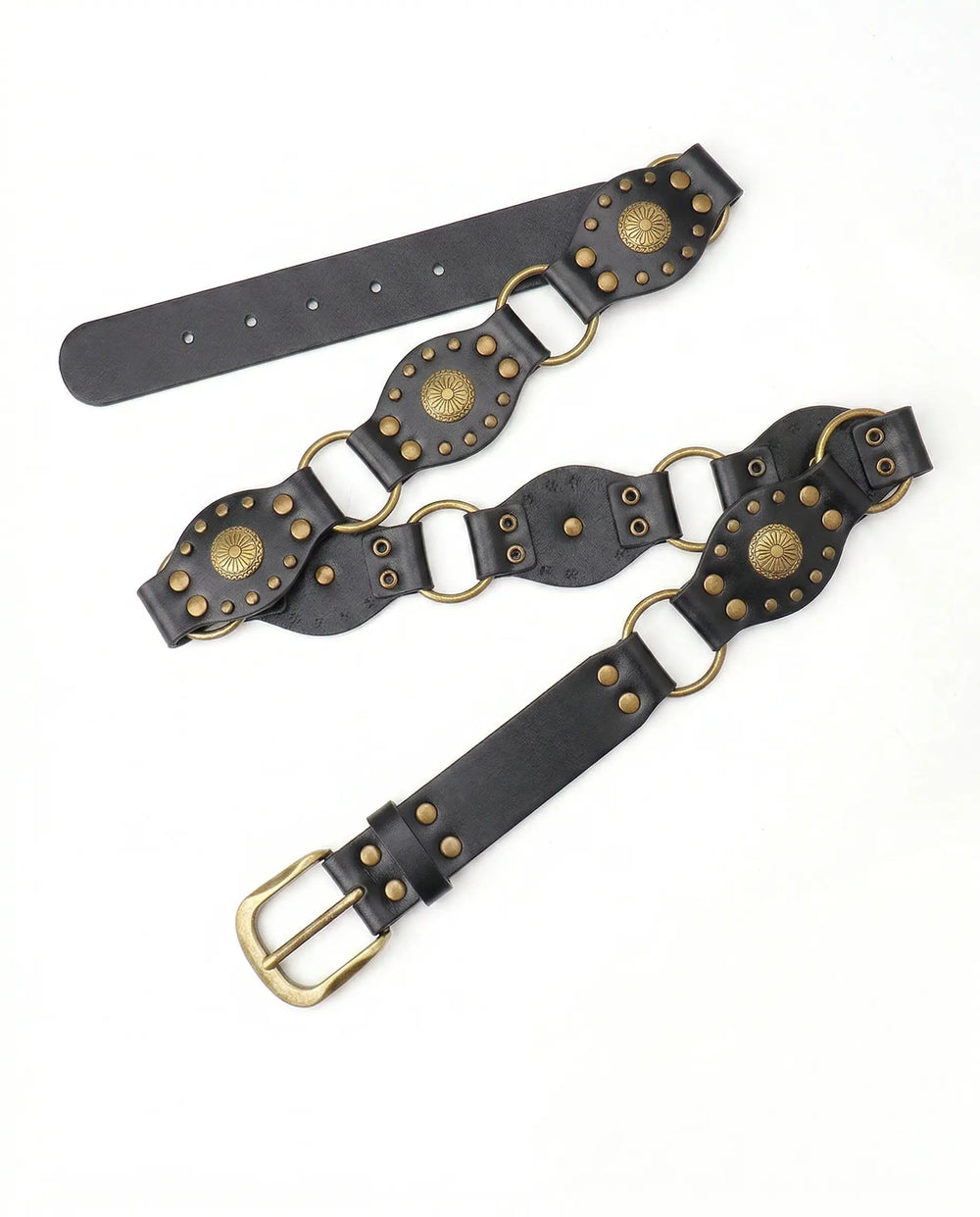 SOLACE  Black Faux Leather Antique Bronze Studded Double O-Ring Western Belt 