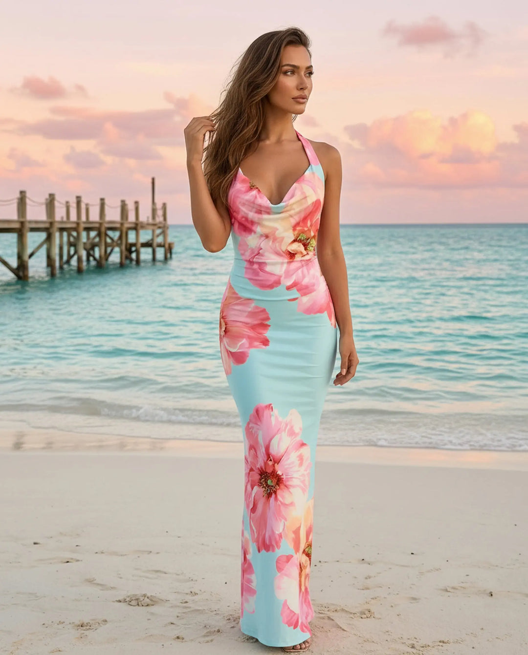 SOLACE  Light Blue Floral Halter Cowl Neck Sleeveless Bodycon Maxi Dress 
