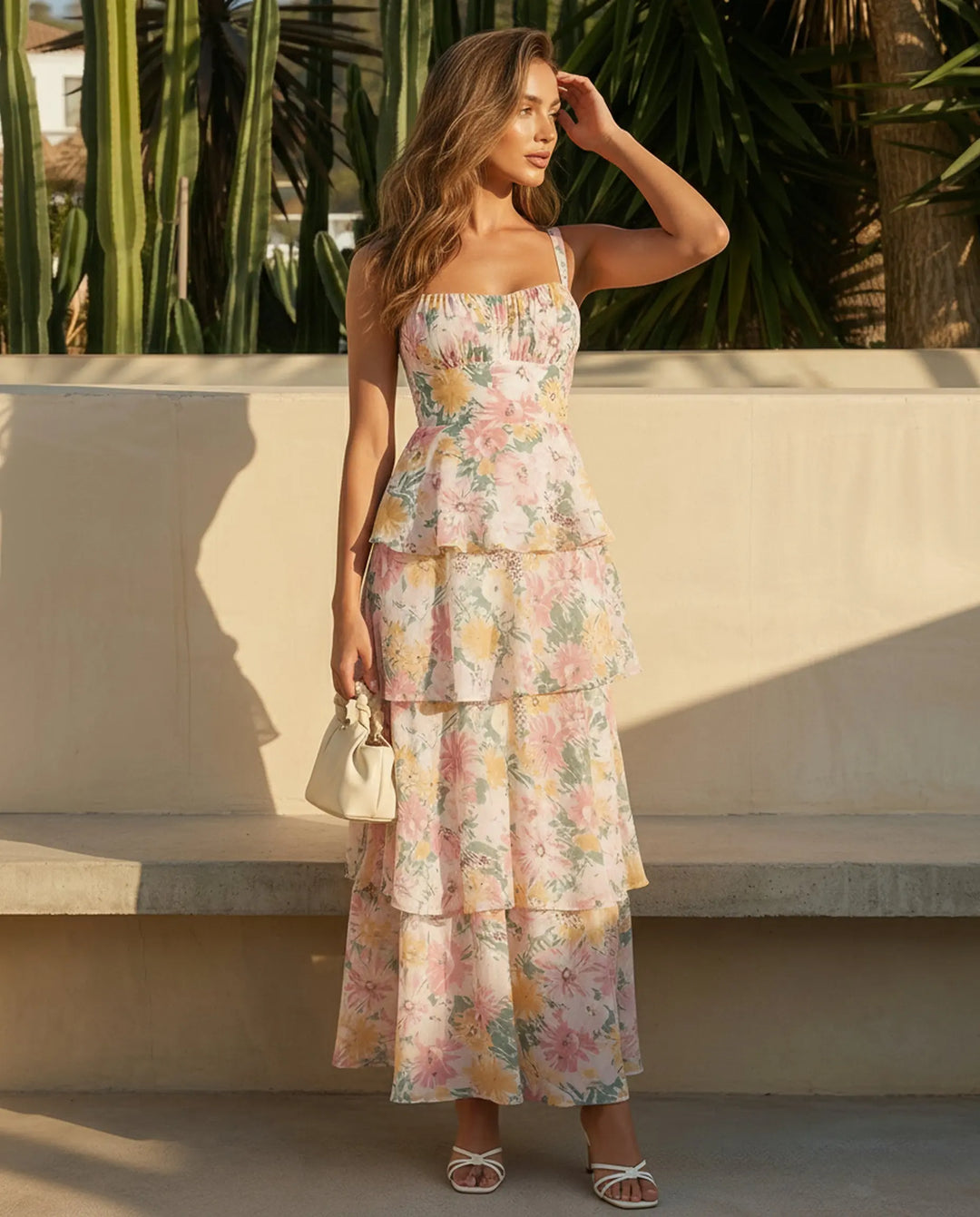 SOLACE  Floral Print Spaghetti Strap Tiered Maxi Dress 