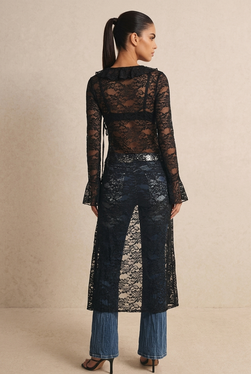 Sheer Black Lace Long Cardigan