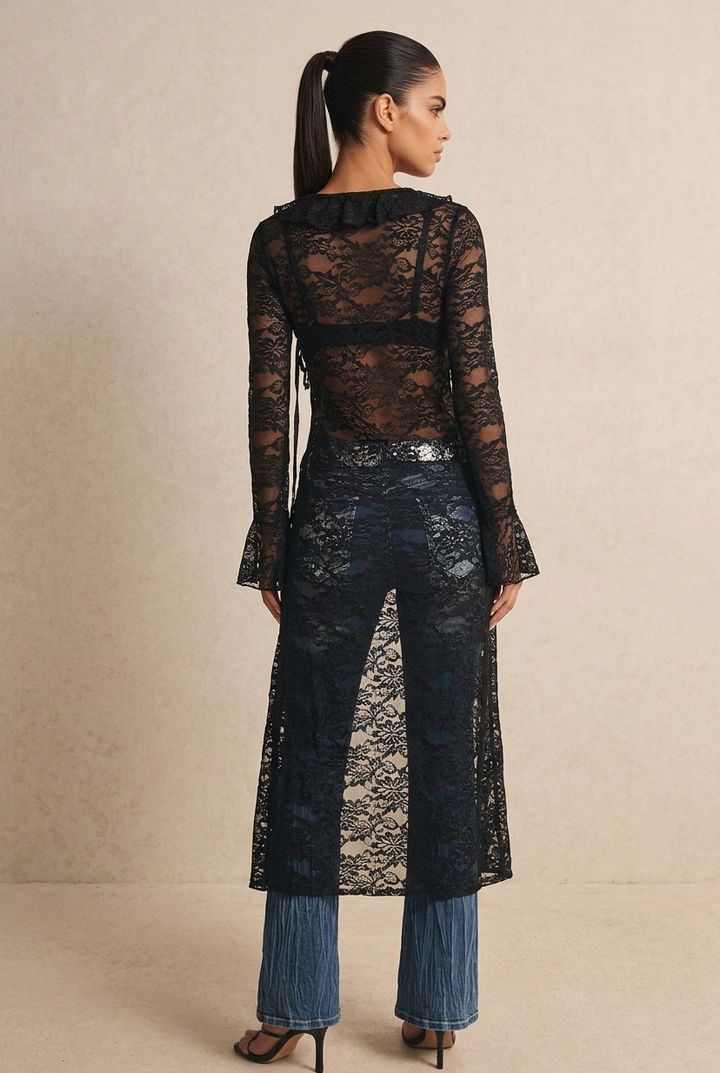 Sheer Black Lace Long Cardigan