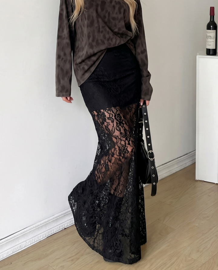 Black Lace High Waist Flared Mermaid Floor Length Maxi Skirt