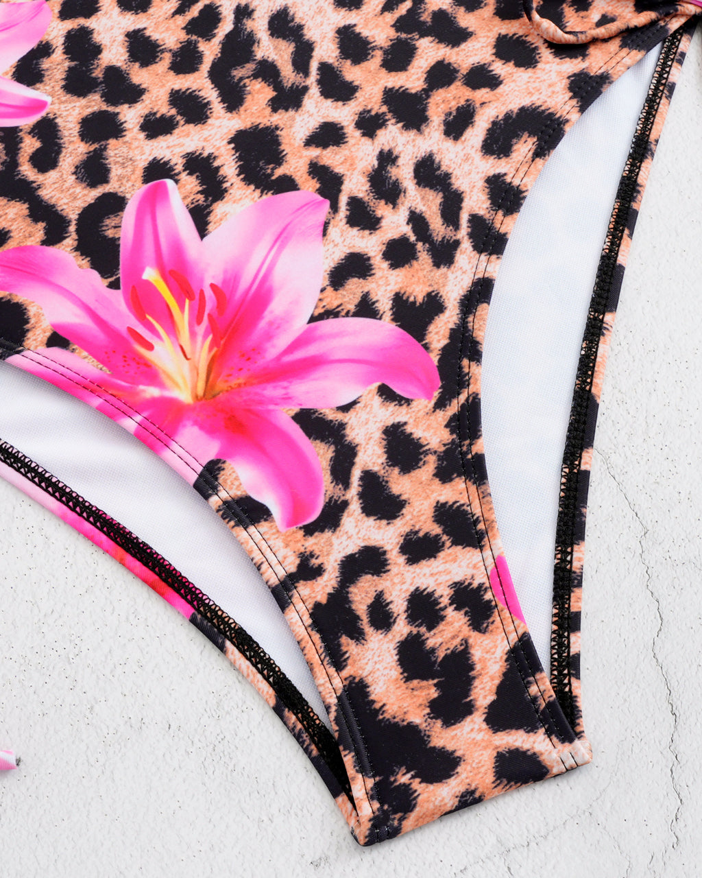 Leopard And Pink Cutout One-Piece Swimsuit With Gold Ring SOLACE