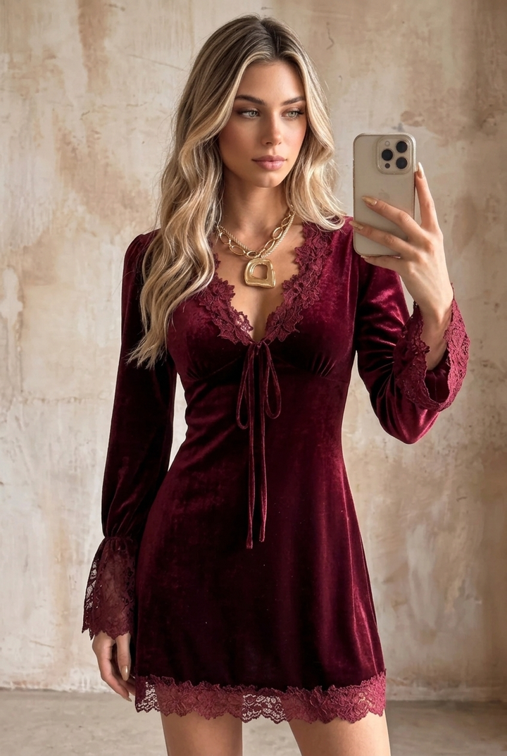 Burgundy Velvet V Neck Lace Trim Long Sleeve Party Mini Dress