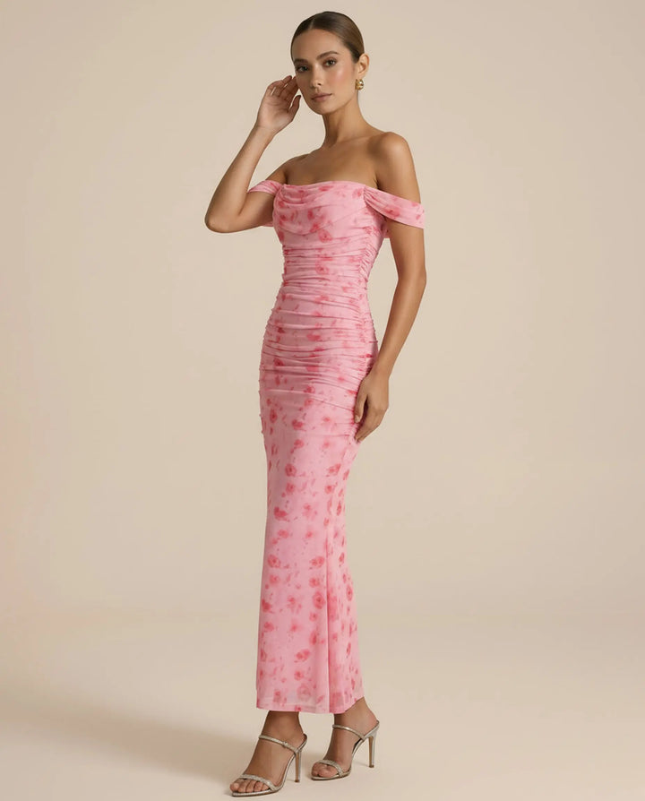 SOLACE  Floral Print Off-Shoulder Ruched Mesh Mermaid Maxi Dress 