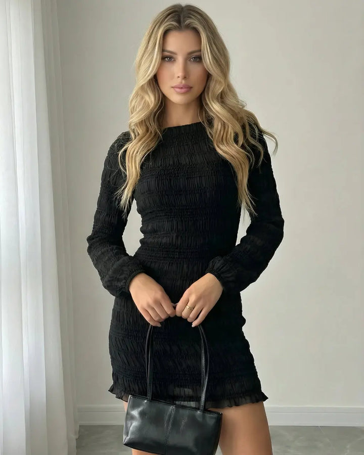 Black Long Puff Sleeve Ruched Mini Dress SOLACE