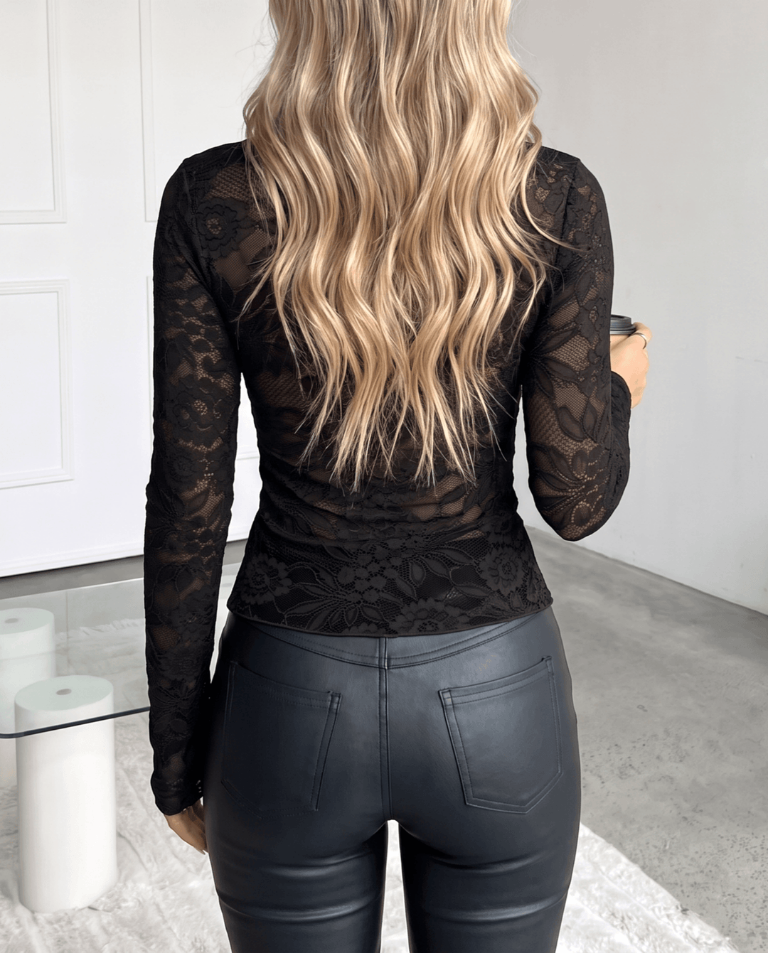 Sheer Lace V‑Neck Long Sleeve Top