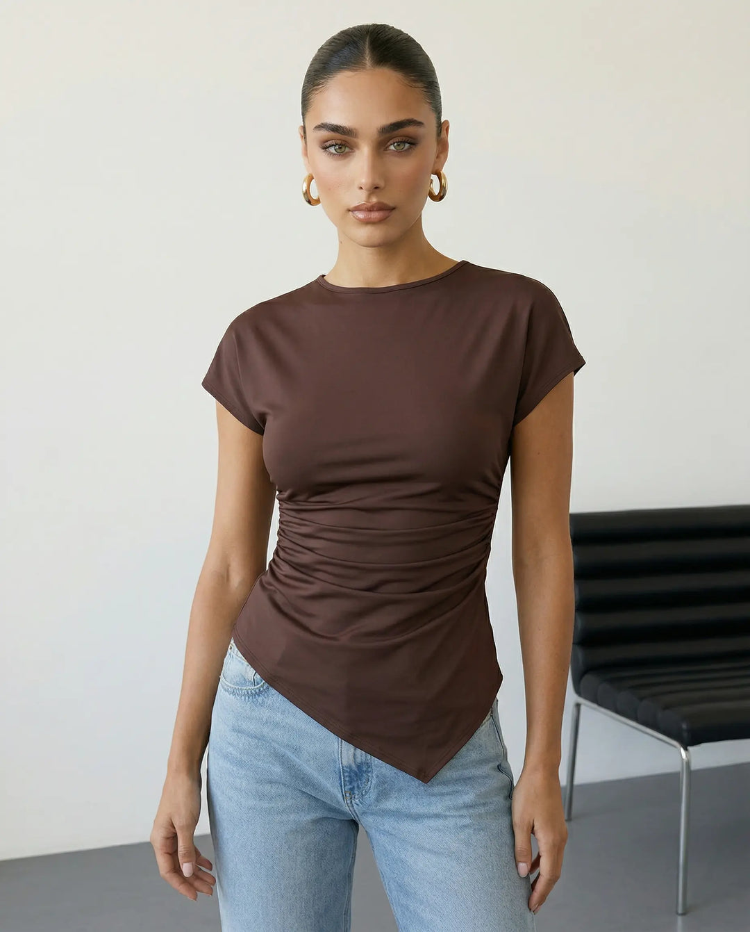 SOLACE  Brown Ruched Side Short Sleeve T-Shirt 