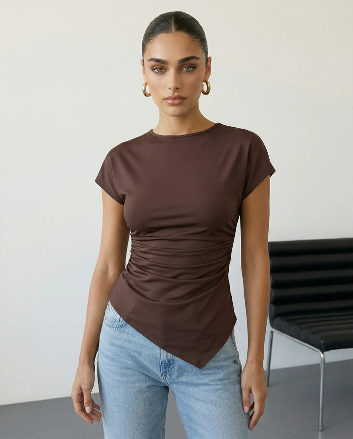 SOLACE  Brown Ruched Side Short Sleeve T-Shirt 