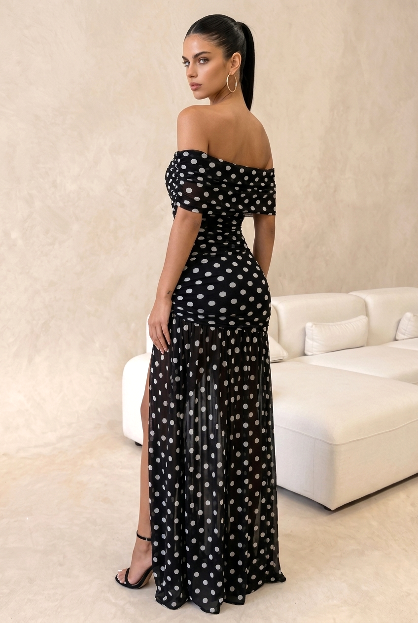 Ruched Sheer Polka Dot Bodycon Long Dress