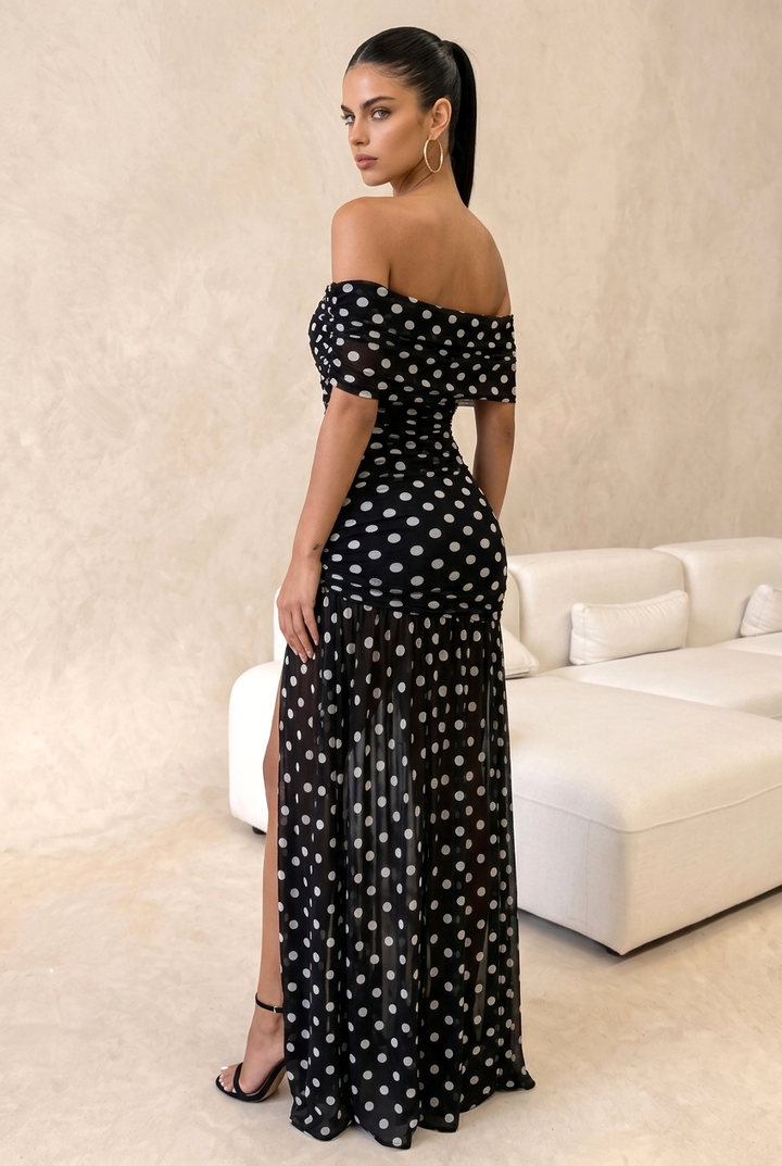 Ruched Sheer Polka Dot Bodycon Long Dress
