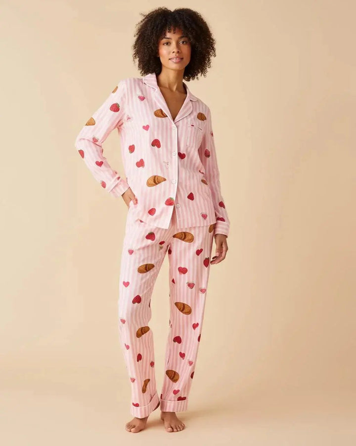 SOLACE CHICStrawberry Croissant Print Pink Pajama Set