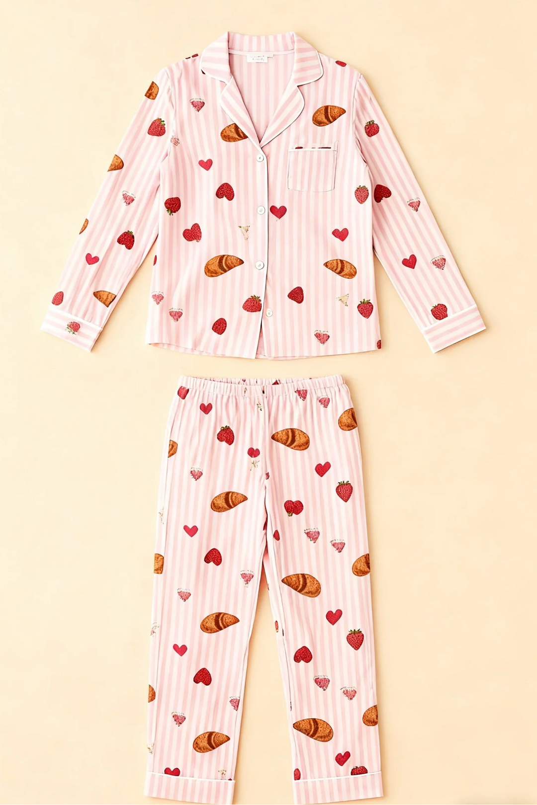 SOLACE CHICStrawberry Croissant Print Pink Pajama Set