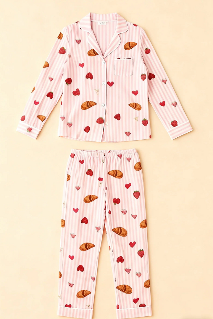 SOLACE CHICStrawberry Croissant Print Pink Pajama Set