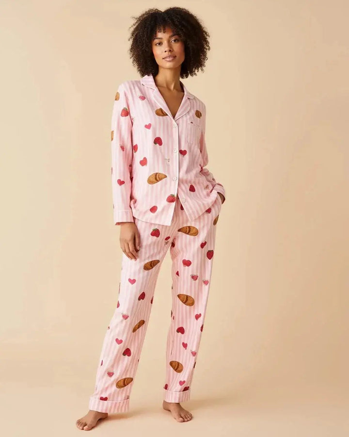 SOLACE CHICStrawberry Croissant Print Pink Pajama Set