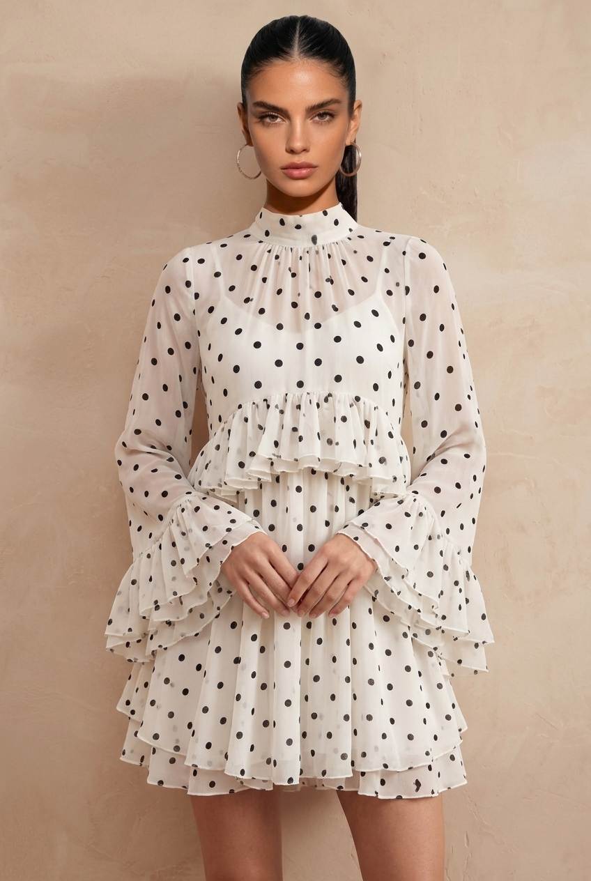 Elegant Long Sleeve Polka Dot Tiered Ruffle Dress