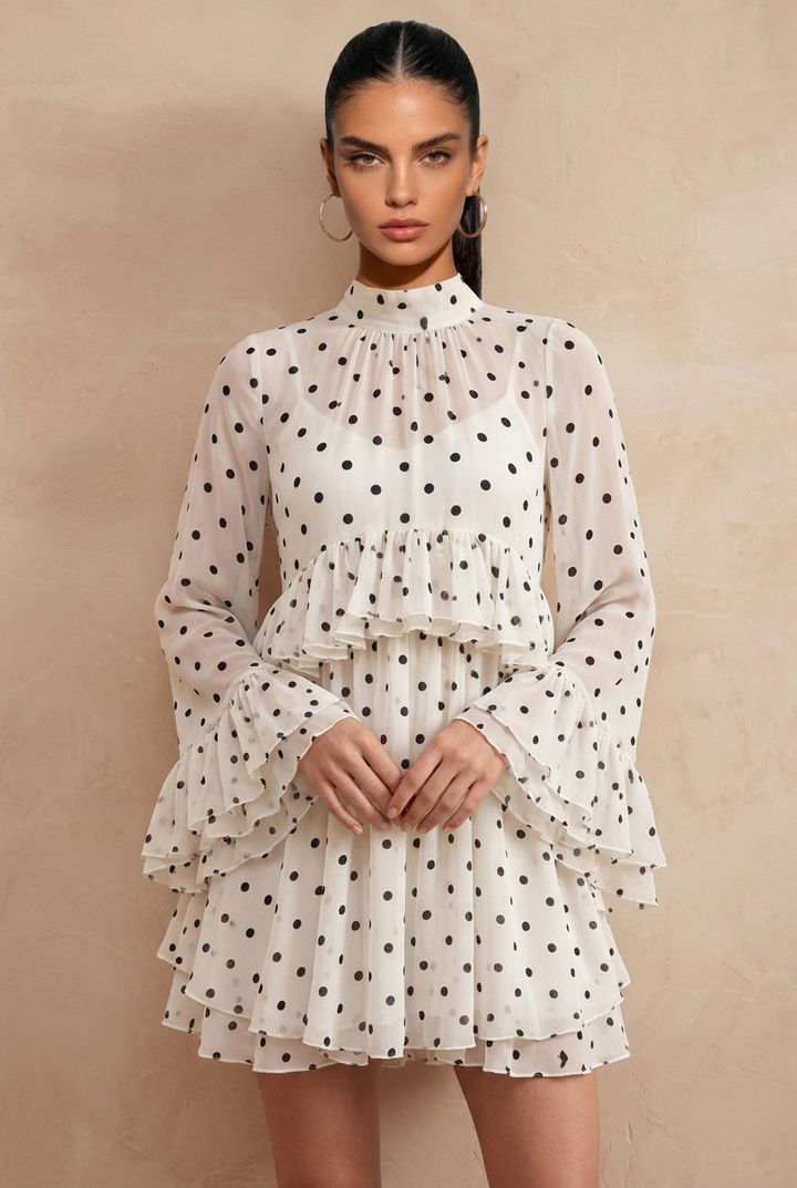 Elegant Long Sleeve Polka Dot Tiered Ruffle Dress