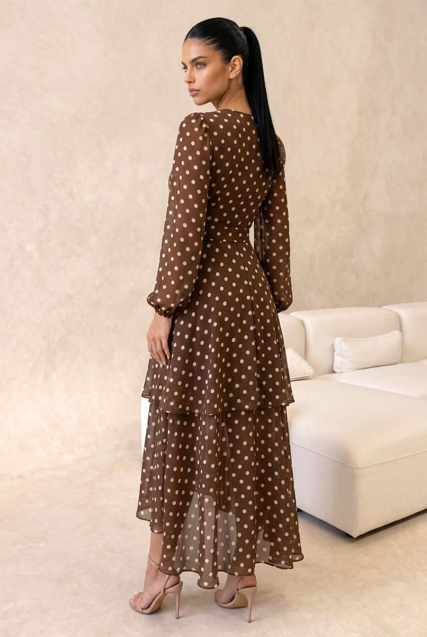 Long Puff Sleeve Chiffon Polka Dot Midi Dress