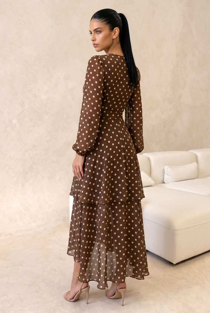 Long Puff Sleeve Chiffon Polka Dot Midi Dress