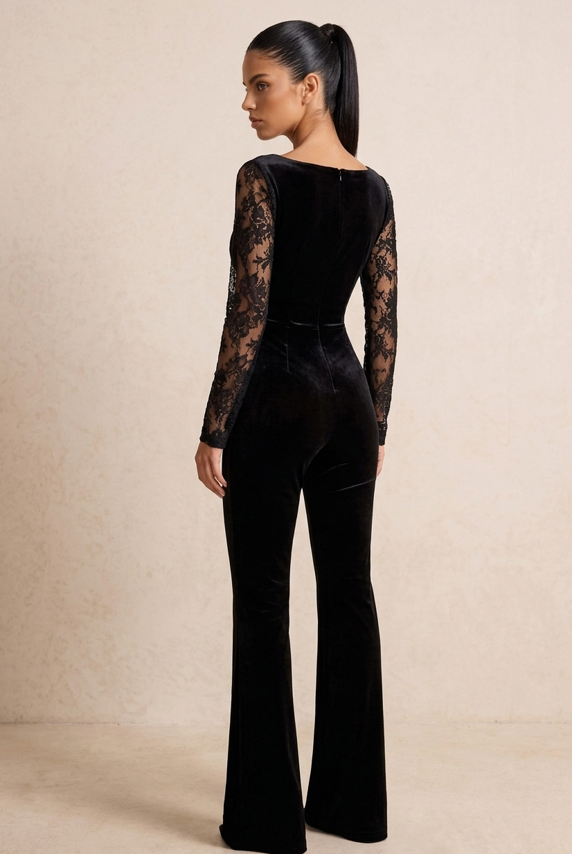 Elegant Sheer Lace Sleeve Velvet Jumpsuit