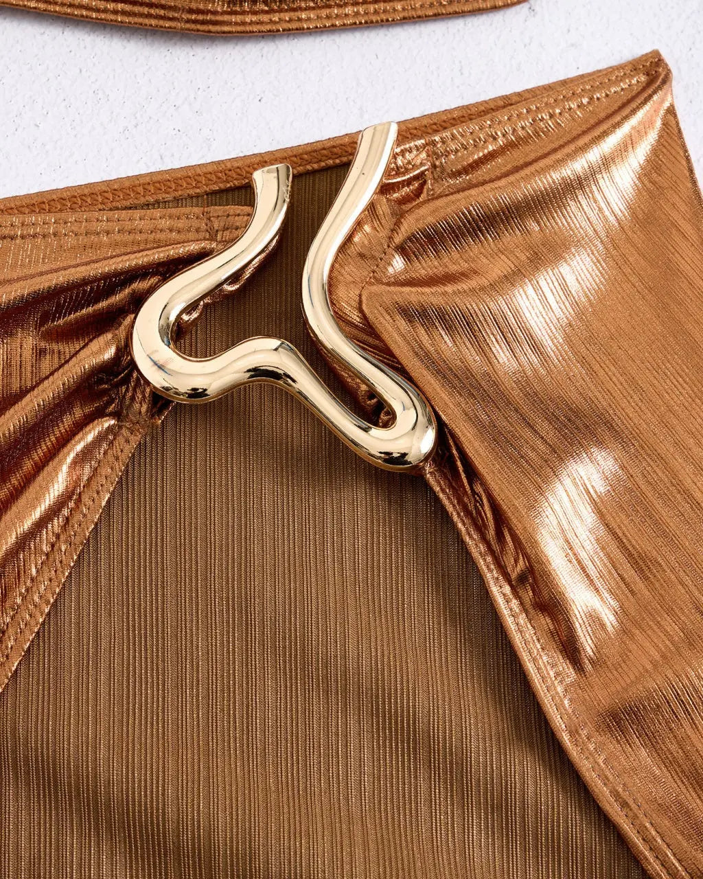 Gold  Metallic U-Hardware Bikini Ruched Cover-Up Skirt Set SOLACE