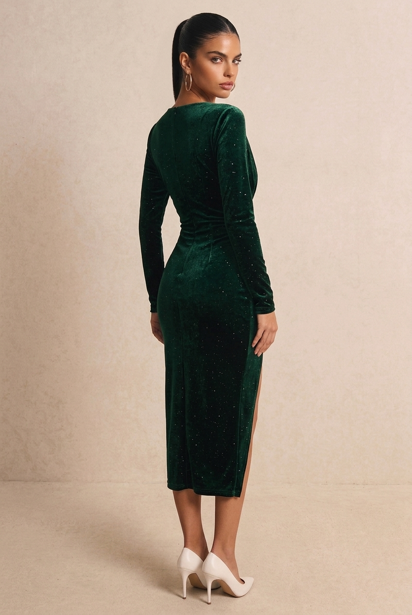 Green Glitter Velvet V Neck Long Sleeve Midi Dress