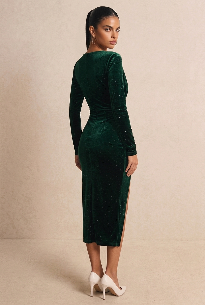 Green Glitter Velvet V Neck Long Sleeve Midi Dress