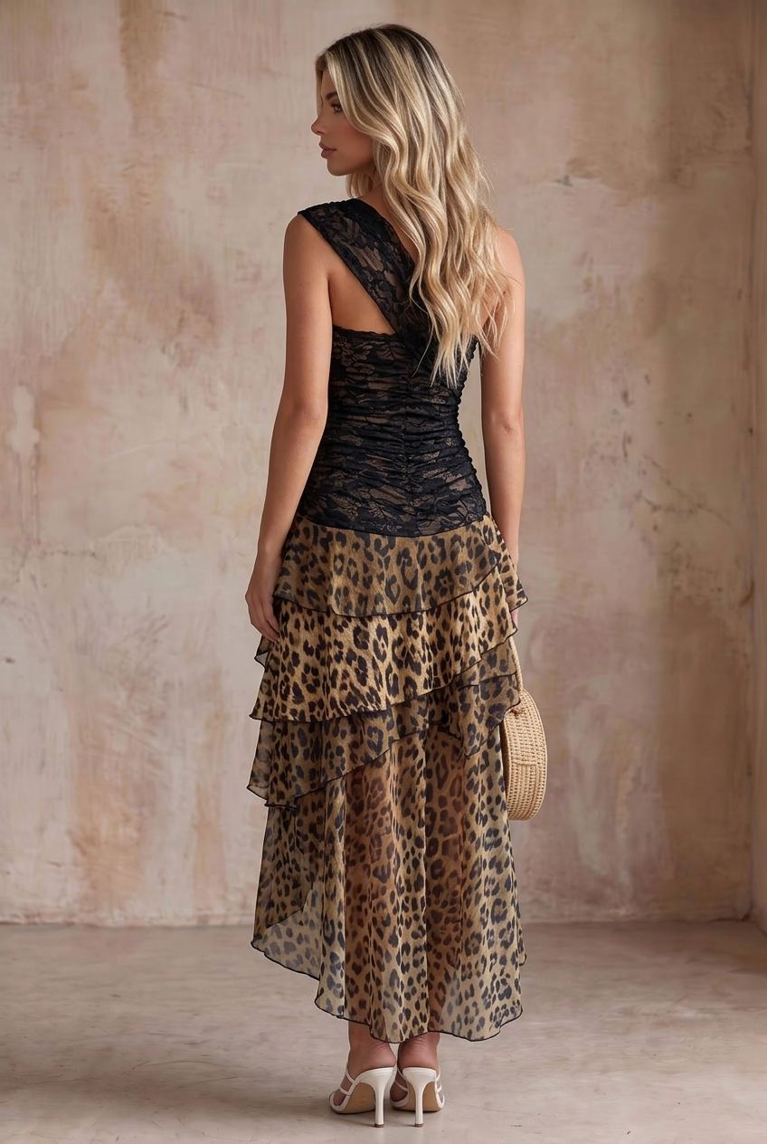Sexy One Shoulder Lace Leopard Ruffle Tiered Irregular Hem Dress