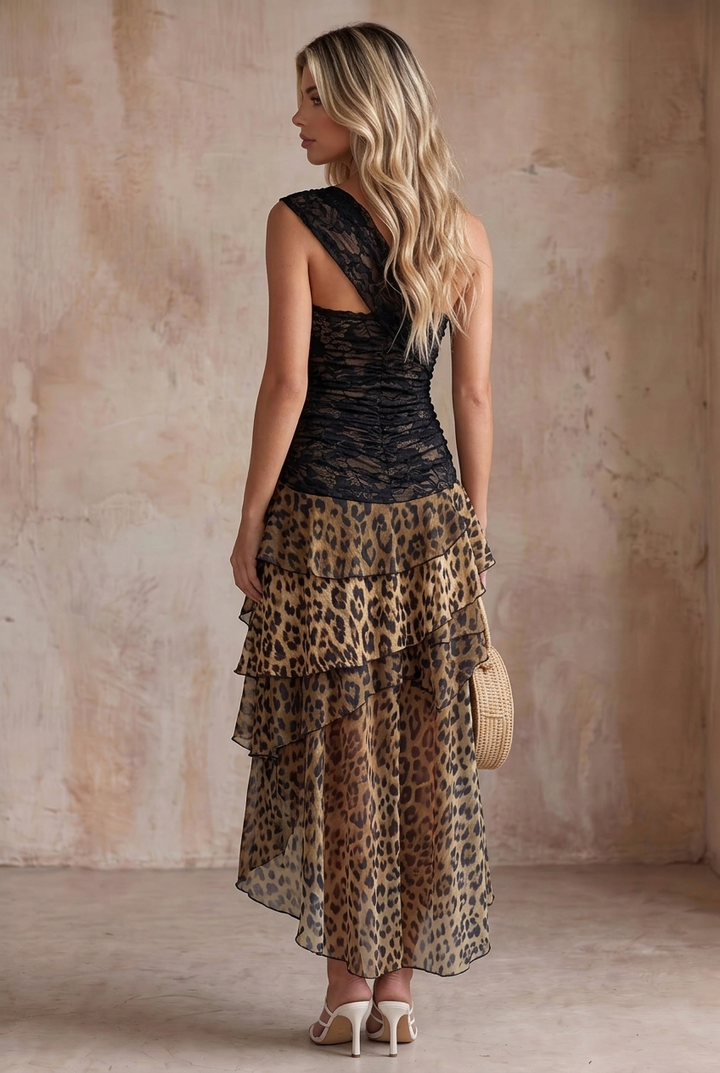 Sexy One Shoulder Lace Leopard Ruffle Tiered Irregular Hem Dress