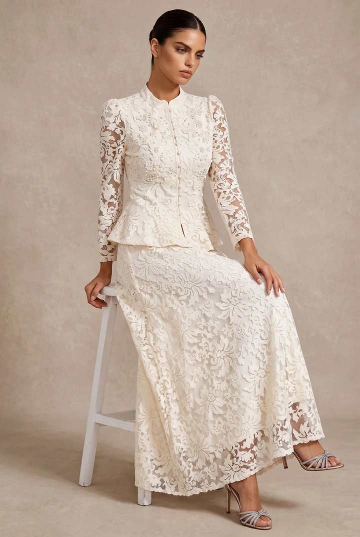 Beaded Lace Stand Collar Two Piece Maxi Skirt Set