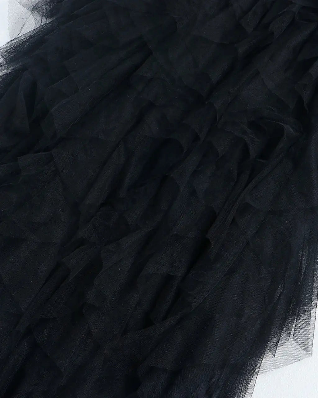 Black Strapless Lace Insert Tiered Ruffle Tulle Maxi Evening Dress